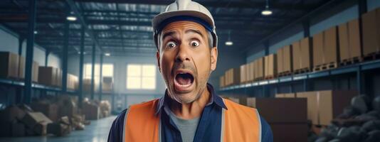 AI Generated  man in a warehouse wearing a hard hat and a high-visibility vest, looking up with an expression of surprise, with shelves and warehouse interior in the background photo