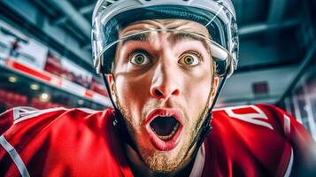 AI Generated hockey player wearing a helmet, with a shocked expression, set against the backdrop of an ice rink photo