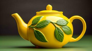 AI Generated vibrant yellow teapot with a lemon design, complete with green leaf details, set against a dark background that complements its bright color photo