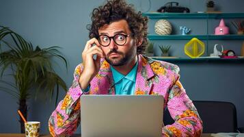 AI Generated man, wearing large glasses and a colorful, patterned suit with a bright turquoise shirt. He appears perplexed or deep in thought, with his hand on his temple, sitting in front of a laptop photo