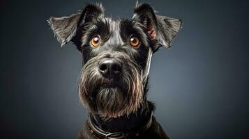 AI Generated cute black Schnauzer with a surprised expression, inviting viewers into a moment of delightful curiosity photo