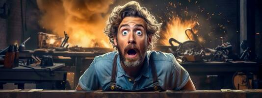 AI Generated Shocked blacksmith in workshop with fiery sparks flying in the background photo