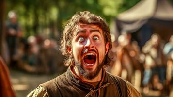 AI Generated man with a beard and long hair, wearing historical clothing, his face expressing shock or surprise, with a blurred crowd in the background photo