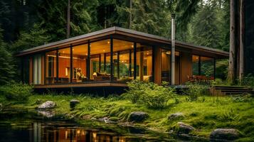 AI Generated Modern wooden eco-house nestled in a dense forest, reflecting on a calm pond in front. photo