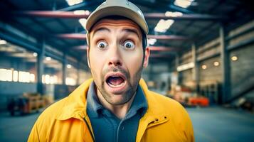 ai generado hombre en un almacén vistiendo un difícil sombrero y un amarillo chaqueta, con un expresión de sorpresa, y industrial estantería borroso en el antecedentes foto