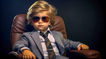 AI Generated young child in a business suit, with an air of confidence and style. The child is wearing a grey suit with a white shirt and a striped tie, completed with a pair of fashionable sunglasses photo