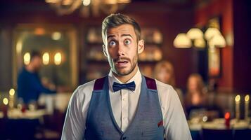 AI Generated waiter with a surprised expression, possibly reacting to an unexpected event or customer request in a restaurant setting. The waiter's smart attire, consisting of a vest, bowtie, and photo