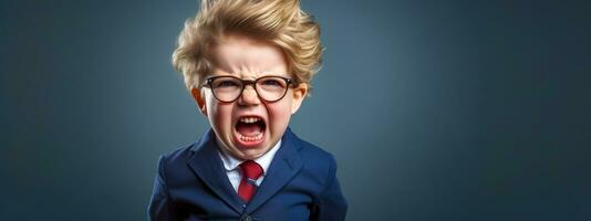 AI Generated furious with rage upset little boy, blue banner with copy space photo