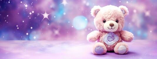 AI Generated plush teddy bear with a heart on its chest, set against a whimsical, starry background, conveying warmth and comfort. banner with copy space photo