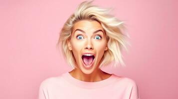 AI Generated portrait of woman with a surprised expression, wide open eyes, and mouth, with her blonde hair tousled, against a pink background photo
