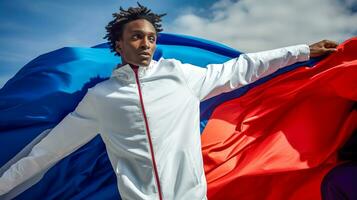 AI Generated Olympiad 2024, person with the French flag draping as a cape, symbolizing patriotism or support, with the flag's iconic tricolor of blue, white, and red vivid against a sky background photo