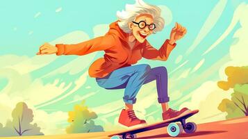 AI Generated An exuberant elderly woman skateboards with flair, her hair and clothes flowing with the movement, embodying vitality and joy. photo