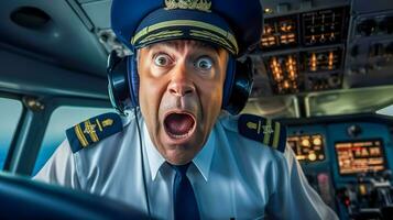 ai generado un piloto en uniforme aparece conmocionado en el cabina, ojos ancho, boca abierto foto