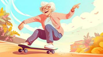 AI Generated senior woman riding a skateboard in the park, healthy lifestyle in advanced age photo