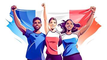 ai generado Atletas de diferente nacionalidades unir en victoria, francés bandera simbolizando el 2024 Juegos Olímpicos en París, dibujos animados foto