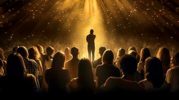 AI Generated speaker standing confidently on stage, basked in dramatic stage lighting, addressing an attentive audience photo