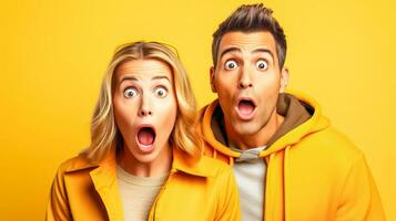 AI Generated man and a woman with surprised expressions, both dressed in yellow, against a yellow background photo