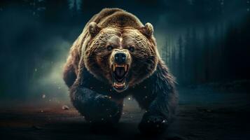 AI Generated danger big brown angry running bear in the forest photo