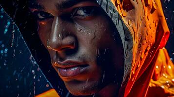 AI Generated portrait of an afro american man athlete in the rain, water drops on his face and clothes photo