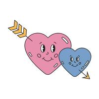 Two smiling hearts with arrow in retro hippie style. Groovy love couple pair icon, valentine day love symbol. vector