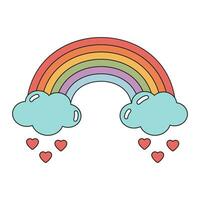 Cute retro rainbow with hearts and clouds. Love symbol, groovy rainbow. Valentine day concept. vector