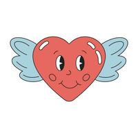 Smiling love heart with wings in groovy style, retro. Symbol for Valentine's Day in the style of the 80s, 90s, vintage style. vector