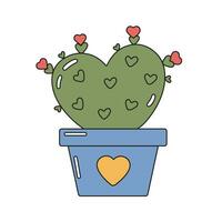 Cute funny green heart shape cactus in pot. Valentine love concept with cactus and hearts. vector