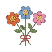 Groovy  smiling flower bouquet in cartoon style. Retro flowers hippie icon on white background. vector