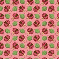 Seamless pattern with cute ladybug character and leaves. Cartoon doodle illustration. vector