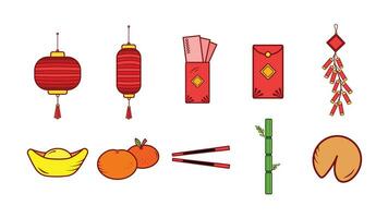 Chinese lunar new year decoration asset full colored vector illustration icon set collection outlined isolated on plain horizontal white background with simple flat cartoon art styled.