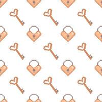 Pixel art Valentine day seamless pattern with lock and key. Design in peach fuzz color vector