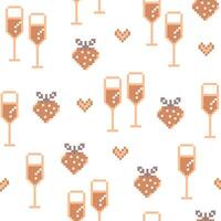 Pixel art Valentine day seamless pattern with wine glasses, strawberries and hearts. Design in peach fuzz color vector