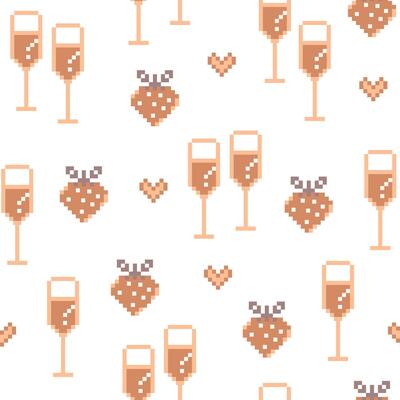 Pixel art Valentine day seamless pattern with wine glasses, strawberries and hearts. Design in peach fuzz color