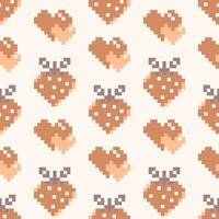 Pixel art Valentine day seamless pattern with hearts and strawberries. Design in peach fuzz color vector
