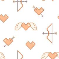 Pixel art Valentine day seamless pattern with arbalest and hearts. Design in peach fuzz color vector