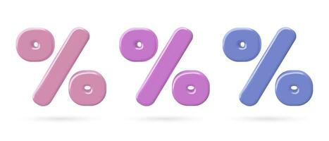 3D percent signs set Pink, blue purple metallic vector percentage symbol sales icons collection