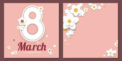 Paper cut floral greeting cards set for 8 March and Women's Day. A frame with white spring blossom and big eight number on pale pink background. Vector illustration.