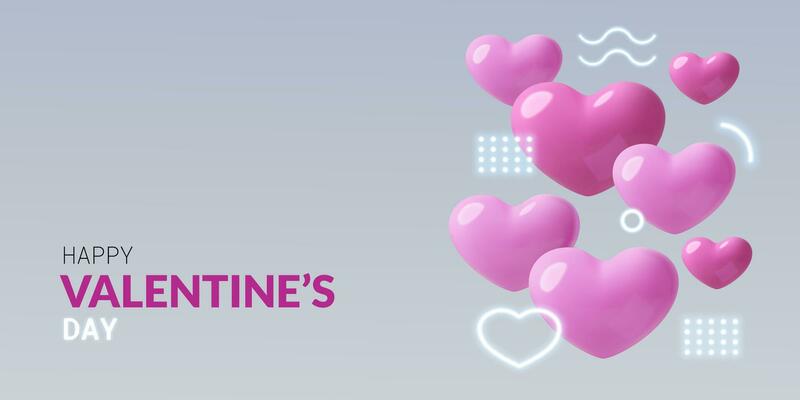 Happy Valentine's Day abstract banner with 3D pink hearts and neon glow geometric shapes