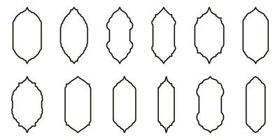 Outline Collection of Oriental Style Islamic Ramadan Kareem and Eid Mubarak Windows and Arches. Modern Design Elements Include Doors, Mosque Domes, and Lanterns. vector