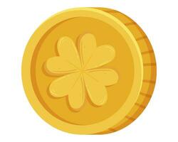 St. Patricks Day gold coin with four-leaves clover or shamrock vector