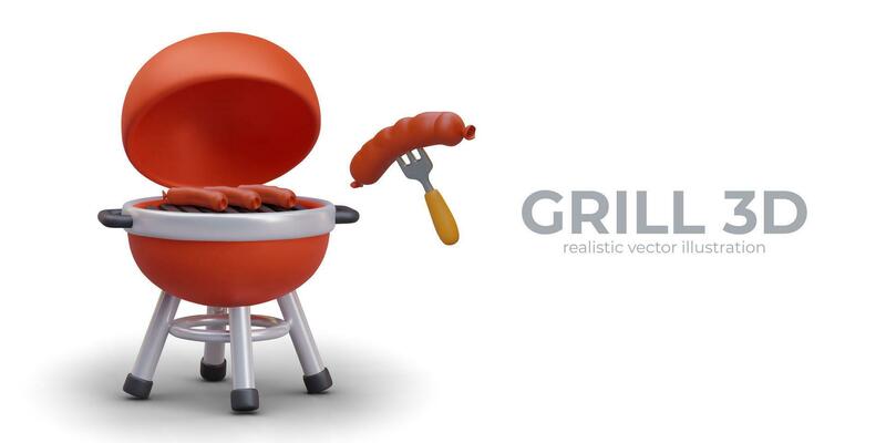 Realistic open grill for cooking on fire. Preparation of tasty sausage BBQ