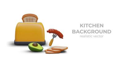 Poster with toaster with bread, realistic sausage, and avocado vector