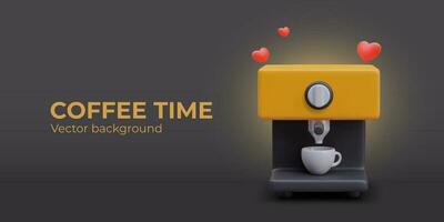 Web poster with black background and place for text. Realistic coffee machine vector