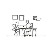 Freelancer working on laptop at home in continuous line drawing vector