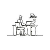 Freelancer working on laptop at home in continuous line drawing vector