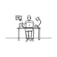 Freelancer working on laptop at home in continuous line drawing vector