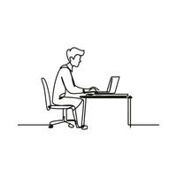 Freelancer working on laptop at home in continuous line drawing vector