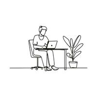 Freelancer working on laptop at home in continuous line drawing vector