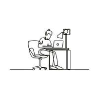 Freelancer working on laptop at home in continuous line drawing vector