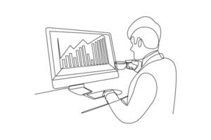 One continuous line drawing of Business performance analysis, benchmark metrics audit concept. Doodle vector illustration in simple linear style.